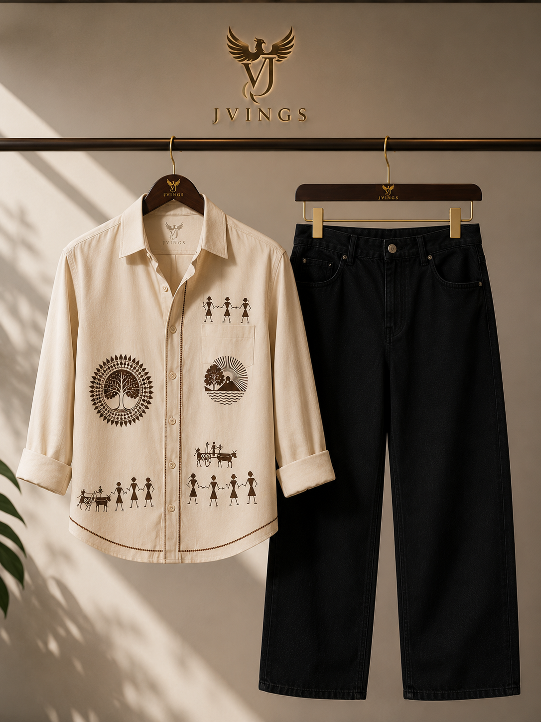 JVINGS Tribal Print Shirt & Black Denim Combo