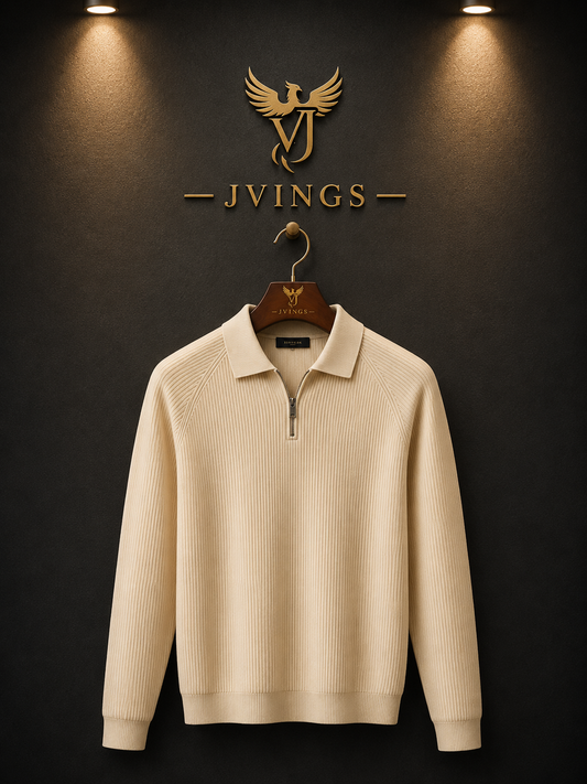 JVings Luxe Ribbed Half-Zip Polo Knit – Cream Edition