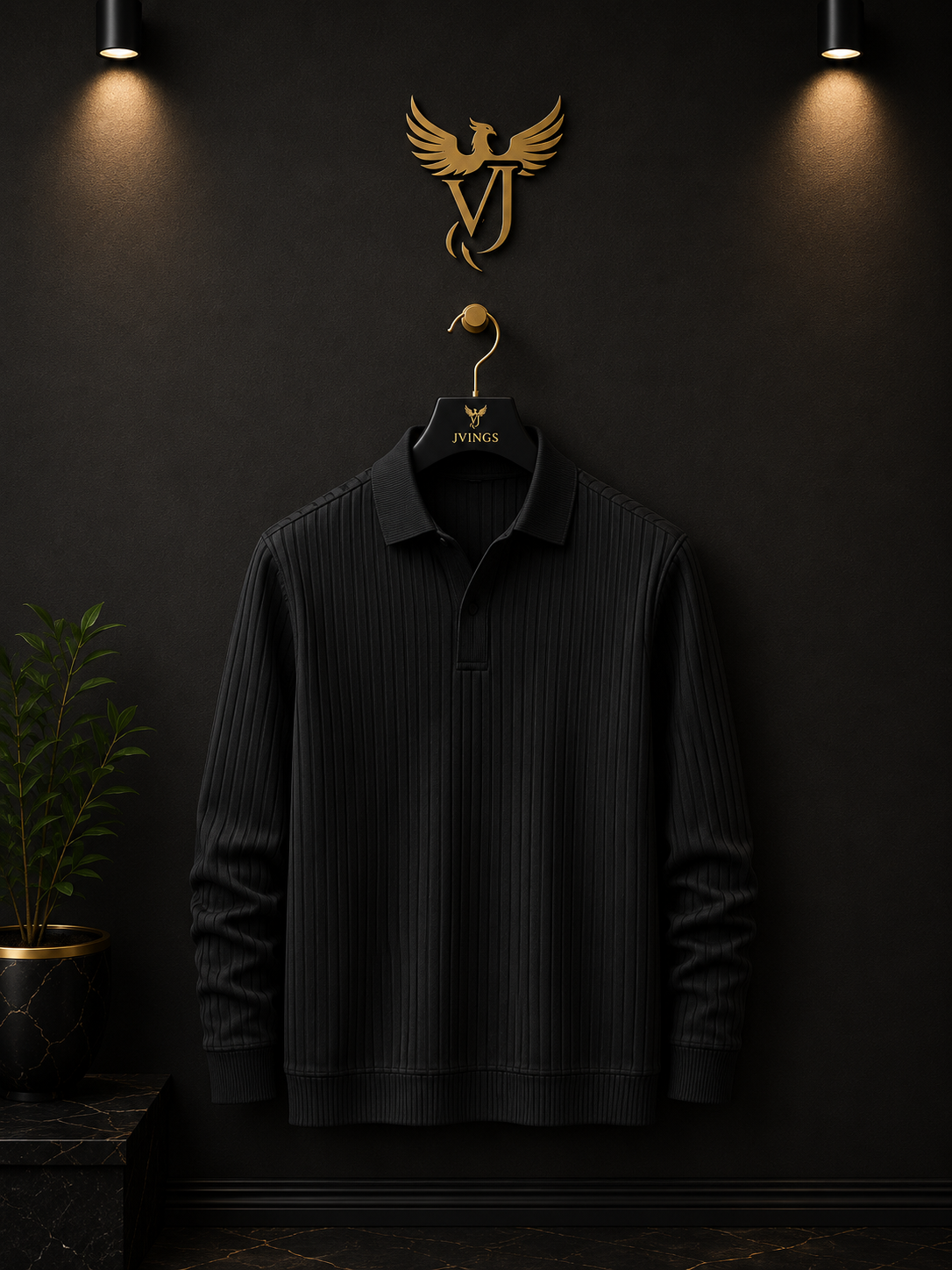 J Vings Noir Ribbed Polo Sweatshirt – Premium Black Textured Knit
