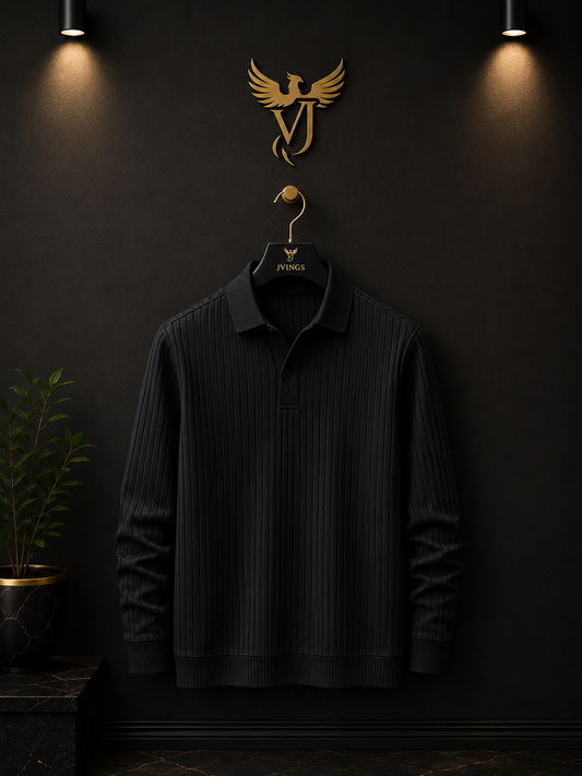 J Vings Noir Ribbed Polo Sweatshirt – Premium Black Textured Knit