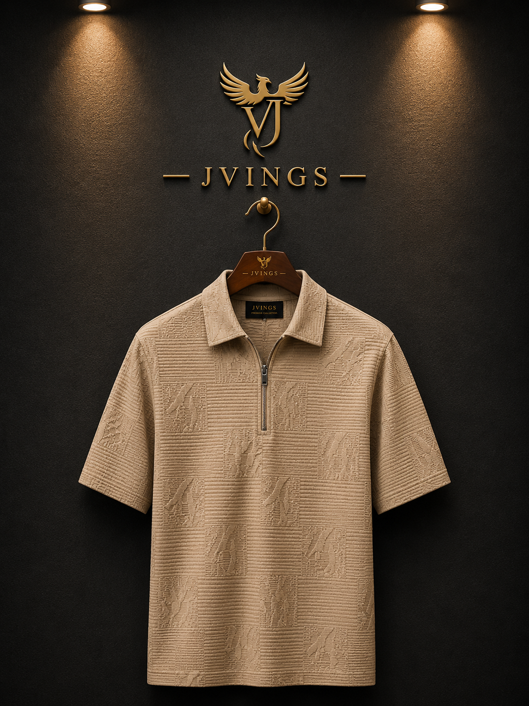 J Vings Signature Textured Zip Polo – Beige