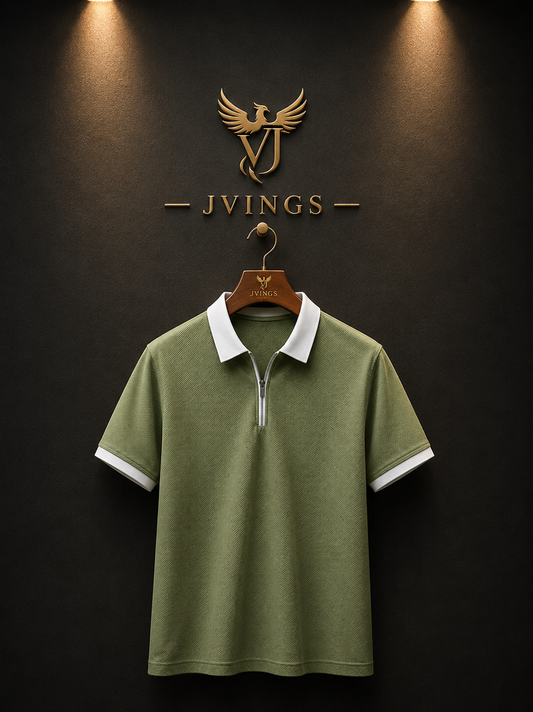 JVings Signature Textured Zip Polo – Sage Green Edition