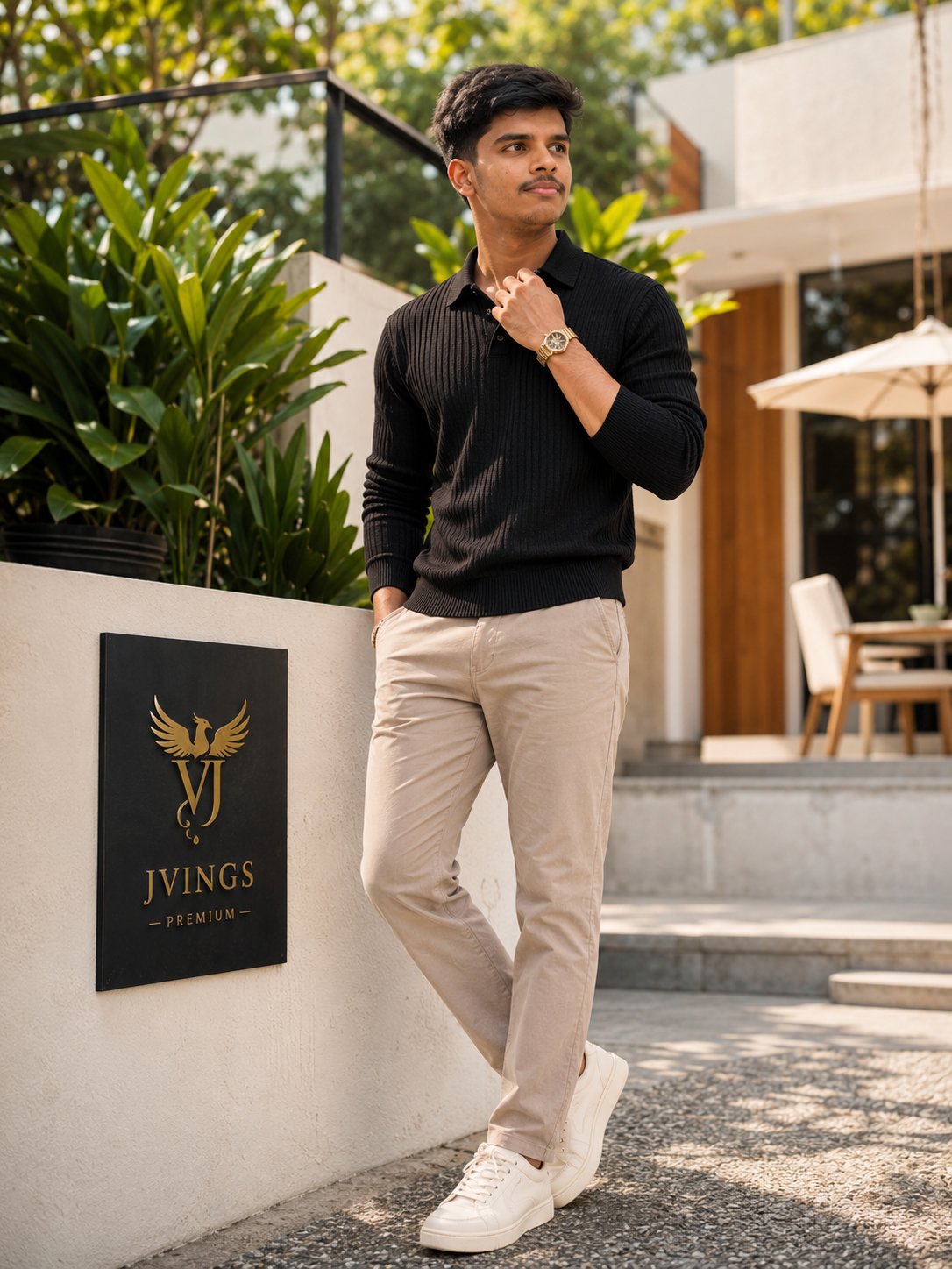 J Vings Noir Ribbed Polo Sweatshirt – Premium Black Textured Knit